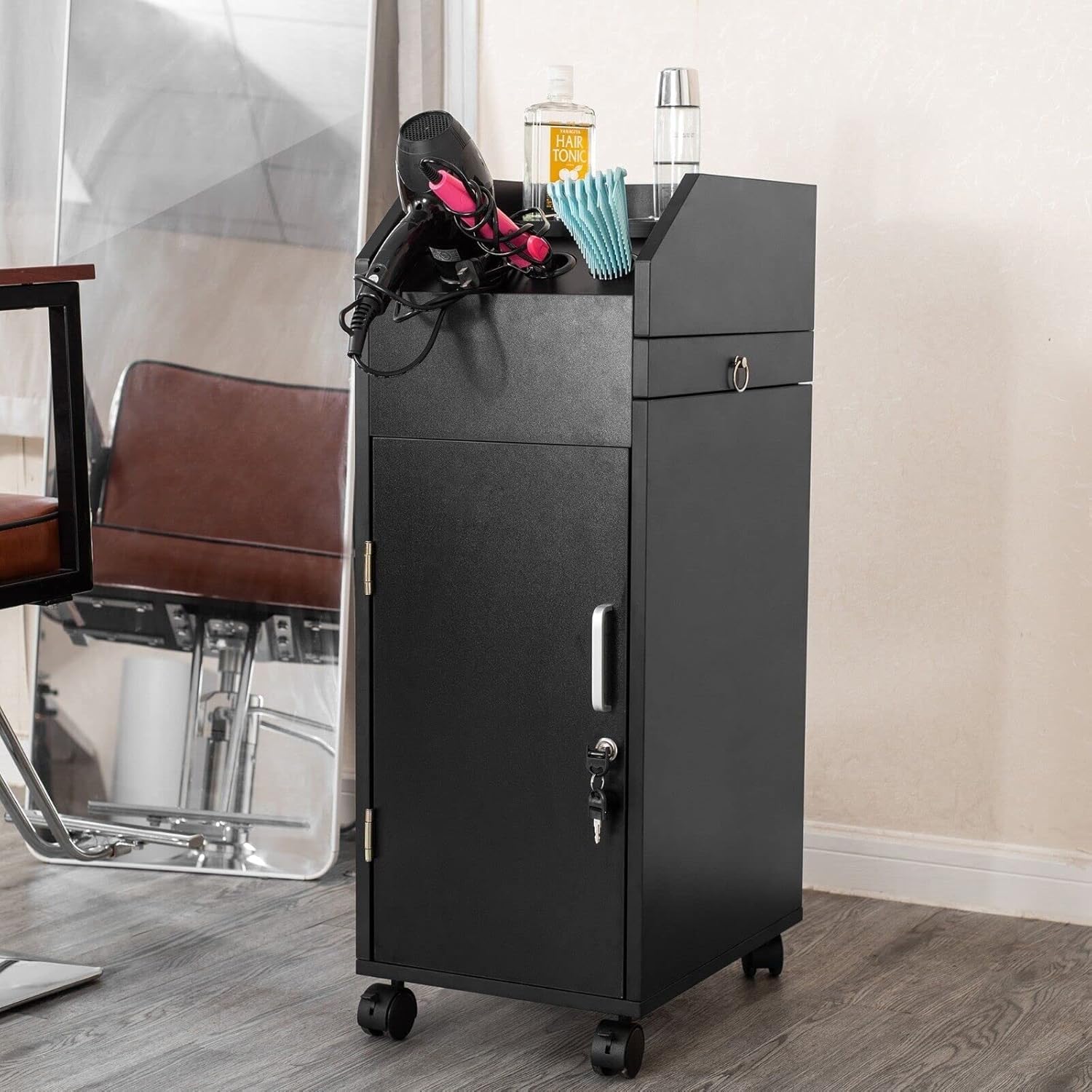 Wooden Salon Trolley Cart 4 Drawer with Lockable Wheels 17”L X 12.3”W X 31.5” H Space Saving Rolling Storage for Hair Dryer Holder, Barber Accessories - Black