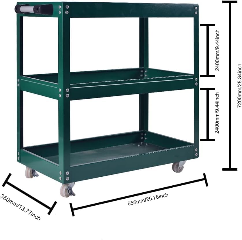 3 Tier Heavy Duty Metal Tool Cart with Wheels, Durable Tool Storage, Load Capacity Rolling Utility cart for Garage Storage, Office Spaces, & Kitchen Use