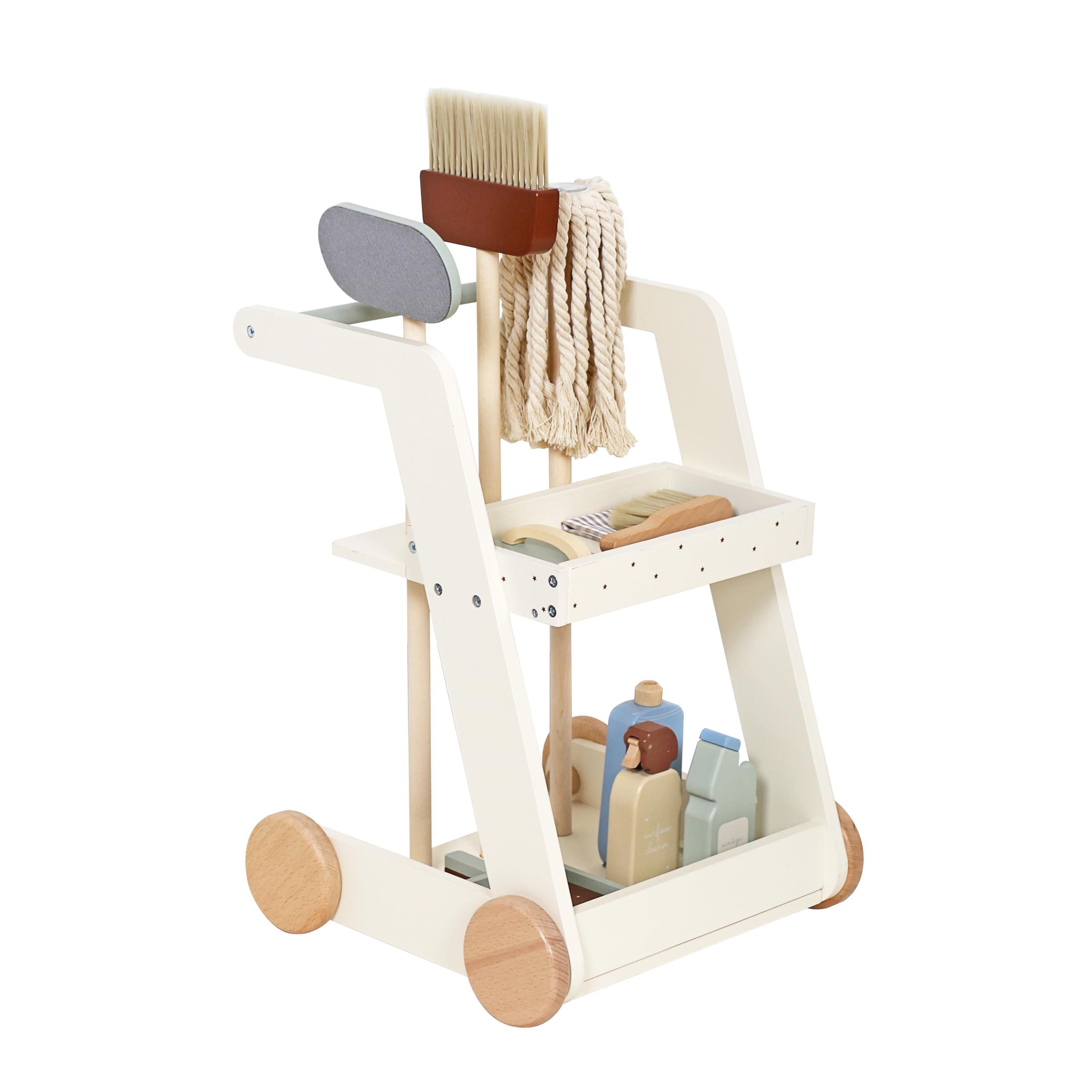 Children's Cleaning Cart Trolley - Kids Wooden Pretend Play Set Toy Cart Kids Role Play Janitor Cleaning Broom Set Household Pretend Play Childrens Toy Gift Ages 3+