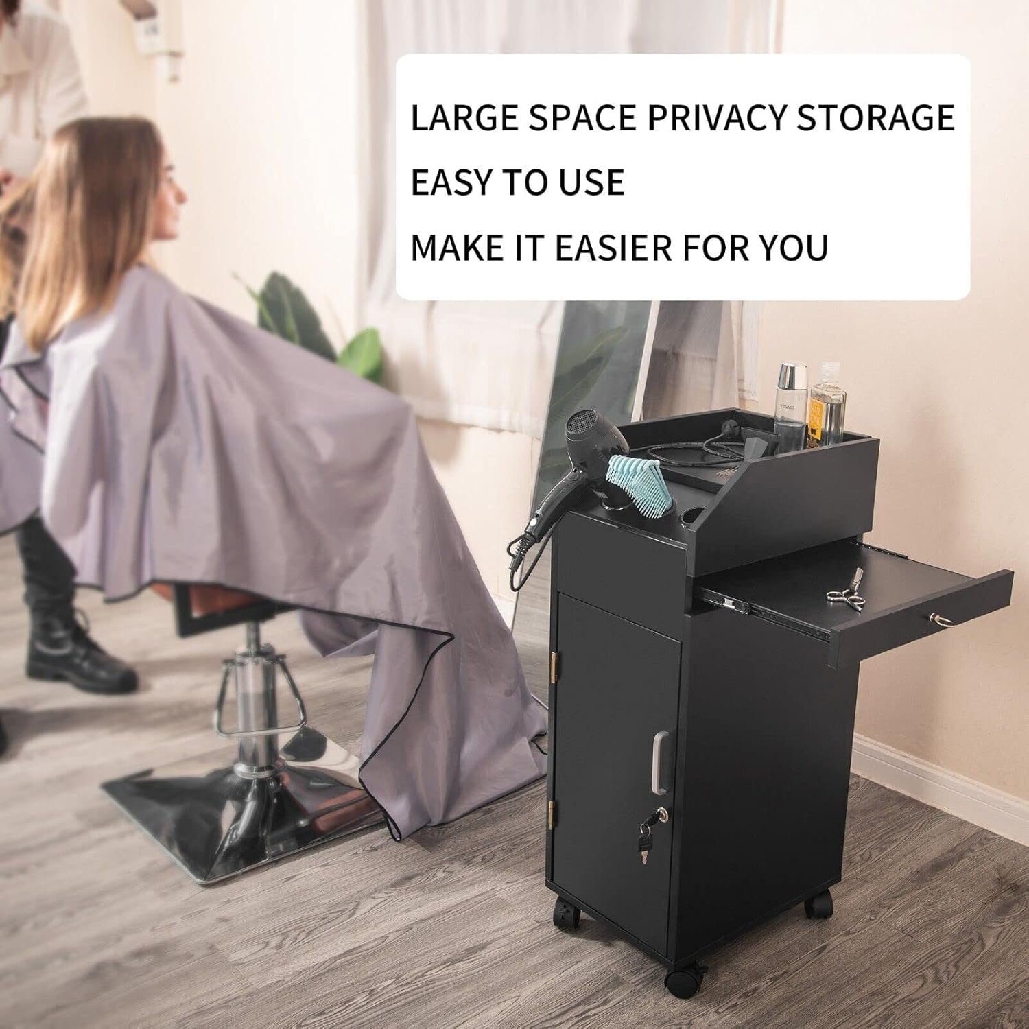 Wooden Salon Trolley Cart 4 Drawer with Lockable Wheels 17”L X 12.3”W X 31.5” H Space Saving Rolling Storage for Hair Dryer Holder, Barber Accessories - Black