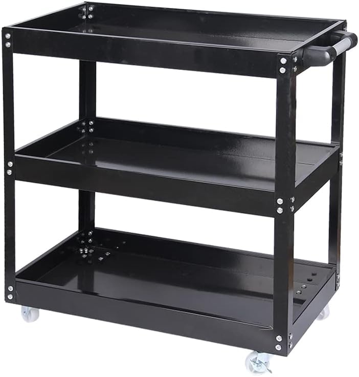 3 Tier Heavy Duty Metal Tool Cart with Wheels, Durable Tool Storage, Load Capacity Rolling Utility cart for Garage Storage, Office Spaces, & Kitchen Use