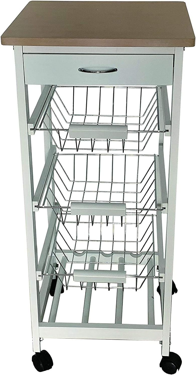 HYGRAD BUILT TO SURVIVE 3 Tier Wooden Rolling Kitchen Island Trolley, Utility Storage Cart with 3 Basket, Drawers - 1 Wine Rack with Wheels Cabinet for Home, Dining Room, Bar