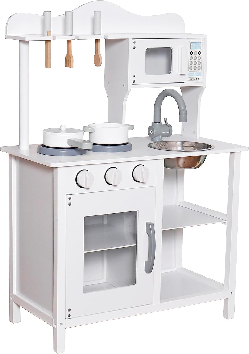 Play Kitchen Toy Kids Playset, Wooden Kitchen Playset Chef Pretend Play Set for Toddlers, Toy Kitchen Toy Food & Astove Oven, Microwave Cookware Accessories, Gift for Ages 3+
