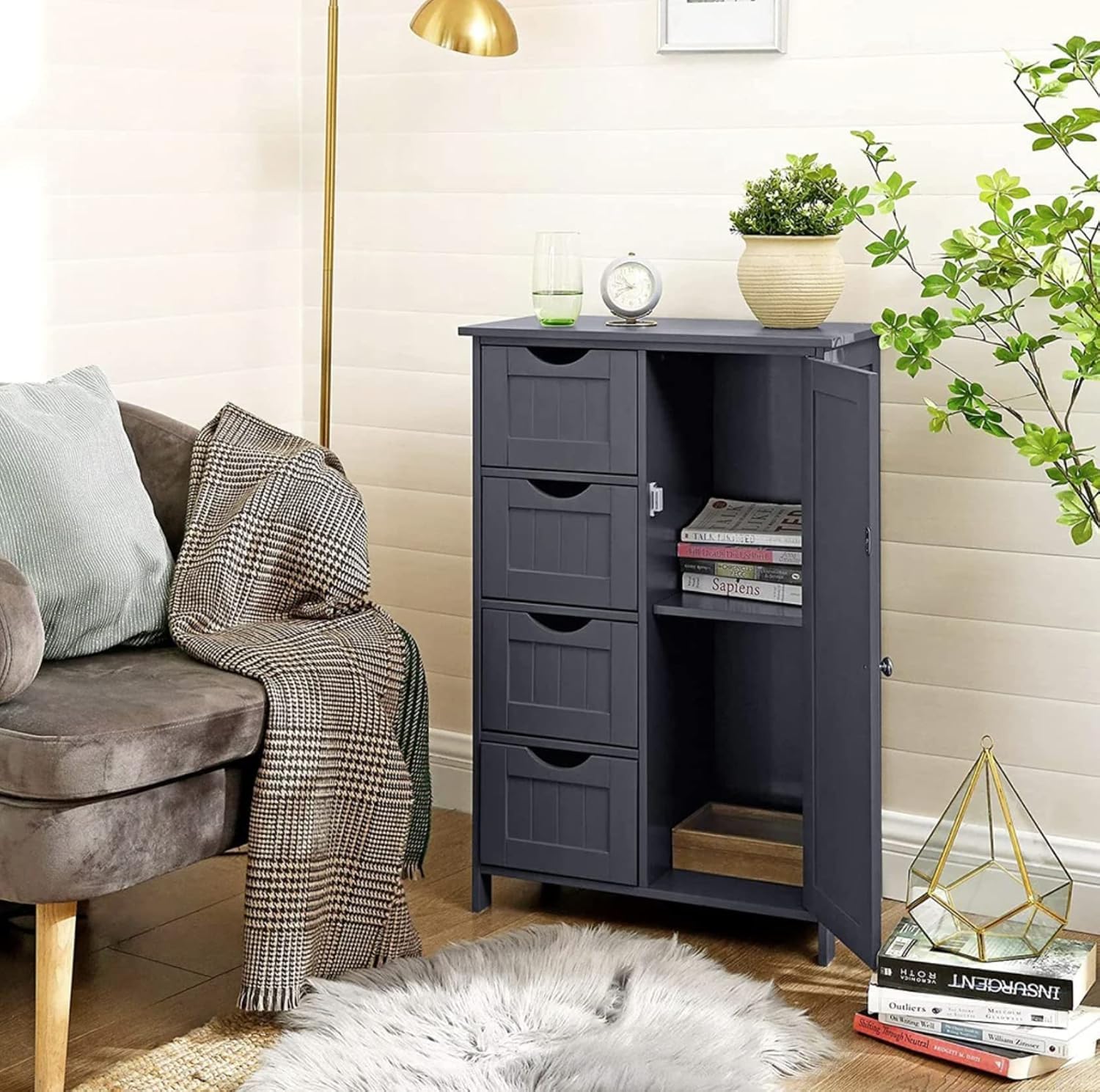 HYGRAD BUILT TO SURVIVE Freestanding Bathroom Floor Cabinet with Adjustable Shelves, Wooden Storage Organizer with 4 Drawers and 1 Door, Adjustable Shelf for Bathroom, Living Room, Kitchen, Entryway