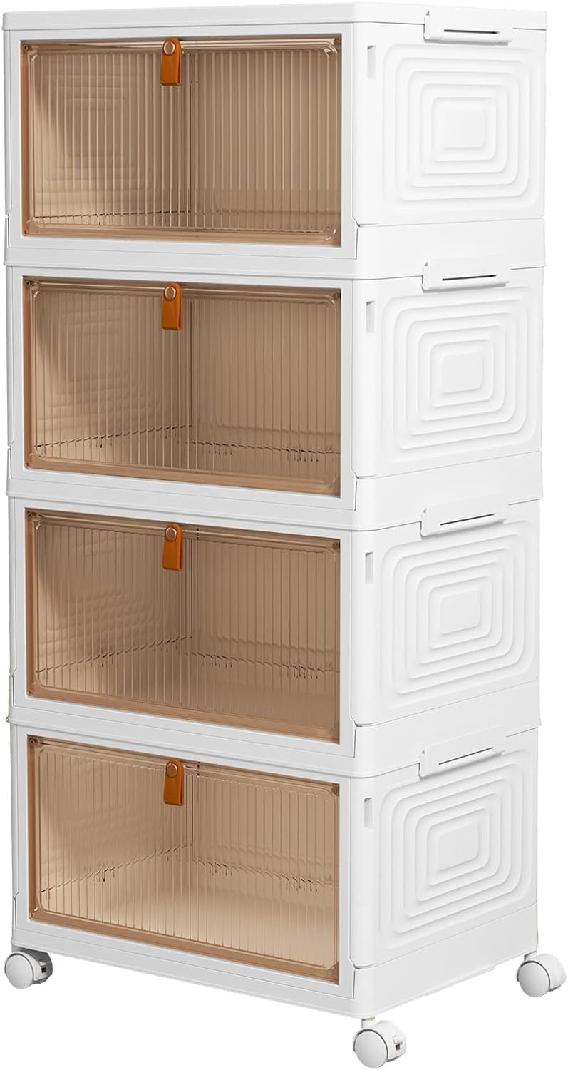 HYGRAD BUILT TO SURVIVE Foldable White Plastic Shoe Rack 2/3/4/5/6 Tier Stackable Storage Cabinet Box - Rolling Closet Storage Organizer Containers With Lids & Lockable Wheels For Home