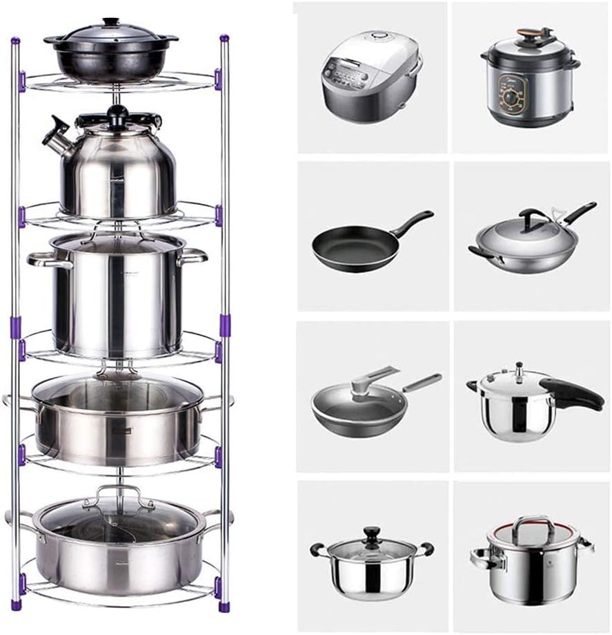 HYGRAD BUILT TO SURVIVE 5 Tier Round Pan Pot Kitchen Rack - Carbon Steel Cookware Stand Organizer Shelving Unit Free Standing Storage For Pans Lids