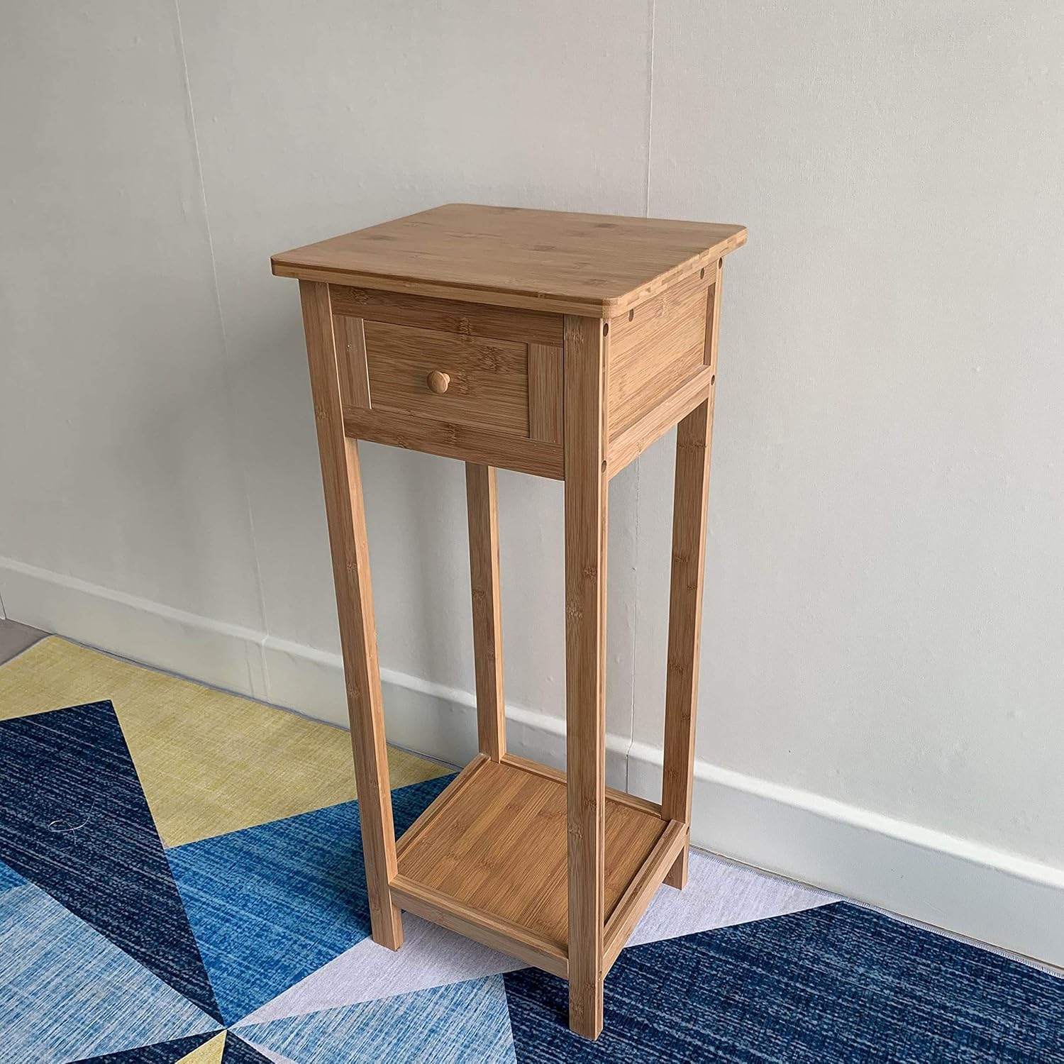 HYGRAD BUILT TO SURVIVE Bamboo Tall Nightstand Table with Drawer and Lower Shelf – Slim Storage Shelf Bedside Table for Telephone, Hallway, Living Room, Bedroom Or Narrow Spaces