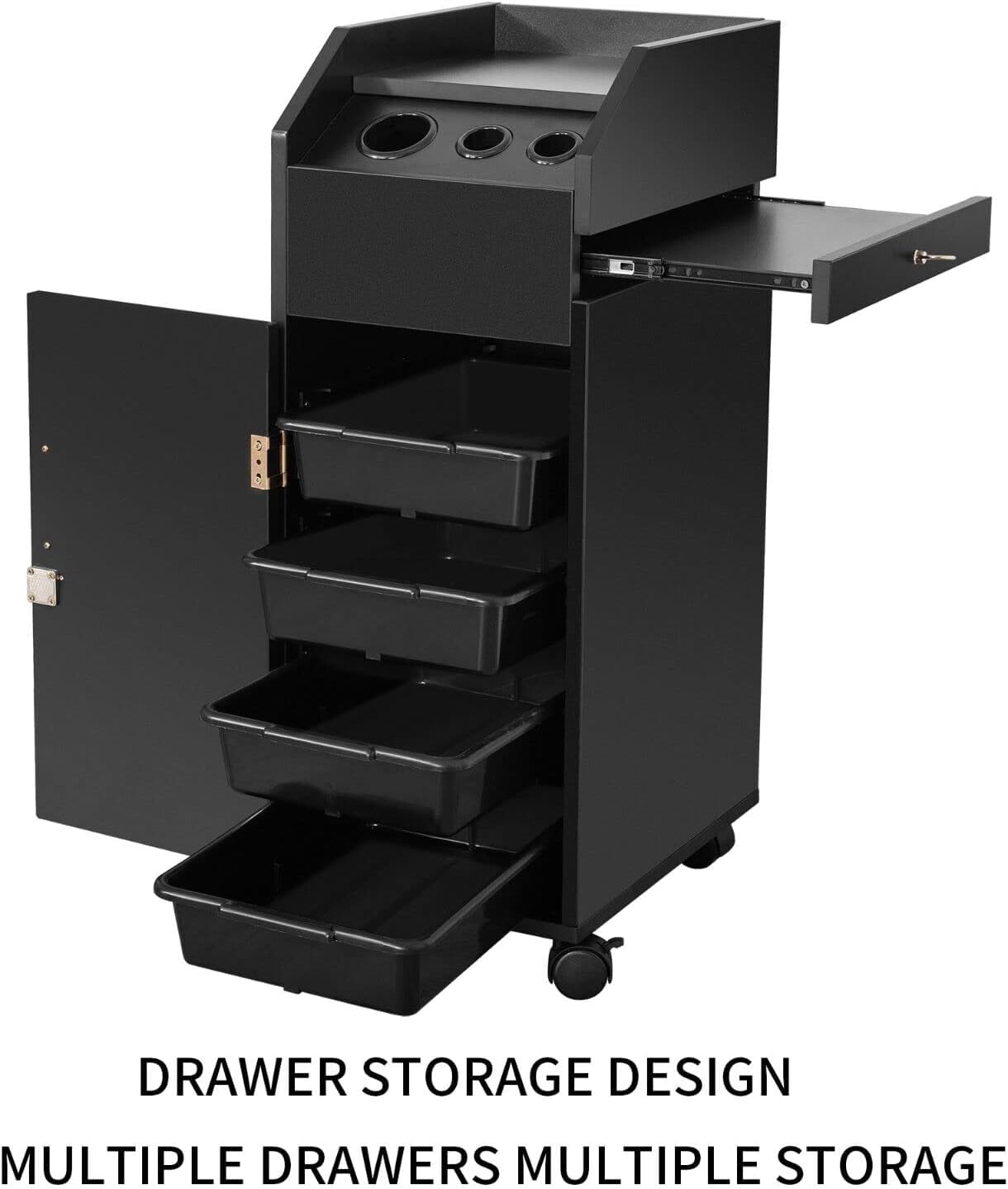 Wooden Salon Trolley Cart 4 Drawer with Lockable Wheels 17”L X 12.3”W X 31.5” H Space Saving Rolling Storage for Hair Dryer Holder, Barber Accessories - Black
