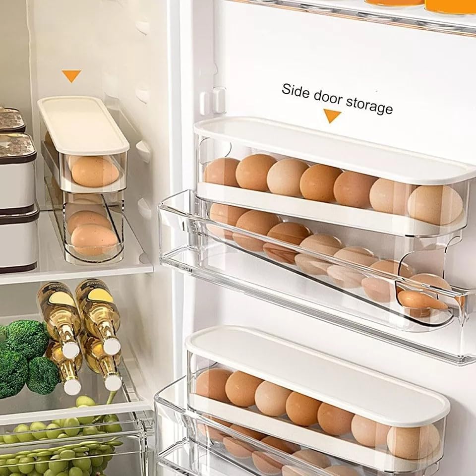 Automatic Rolling 2 Tier Eggs Holder 11.92”D X 3.34” W X 5.59” H Stackable Fridge Organisers, Clear Plastic Egg Dispenser With Lid Egg Storage For Refrigerator, & Kitchen Countertop