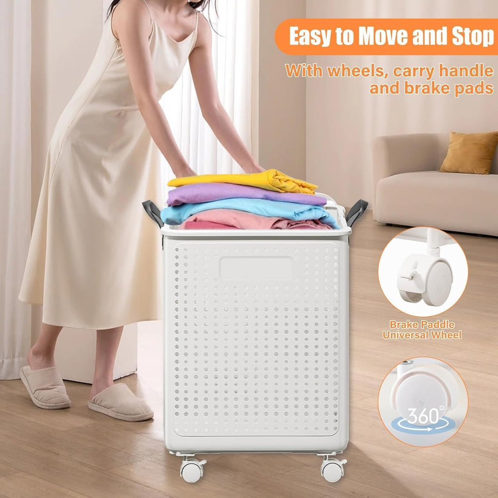 42L Large Heavy Duty Laundry Hamper On Wheels and Handle, Foldable Collapsible Laundry Basket, Space Saving Laundry Room Organization For Home Storage, Clothes