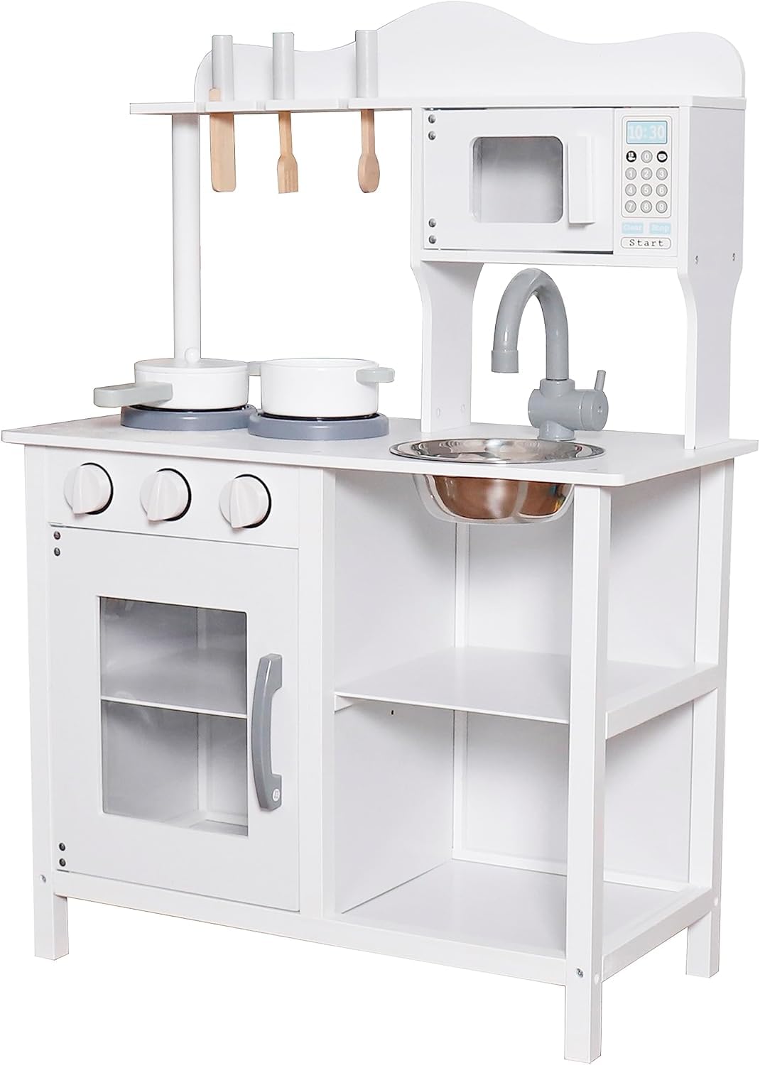 Play Kitchen Toy Kids Playset, Wooden Kitchen Playset Chef Pretend Play Set for Toddlers, Toy Kitchen Toy Food & Astove Oven, Microwave Cookware Accessories, Gift for Ages 3+