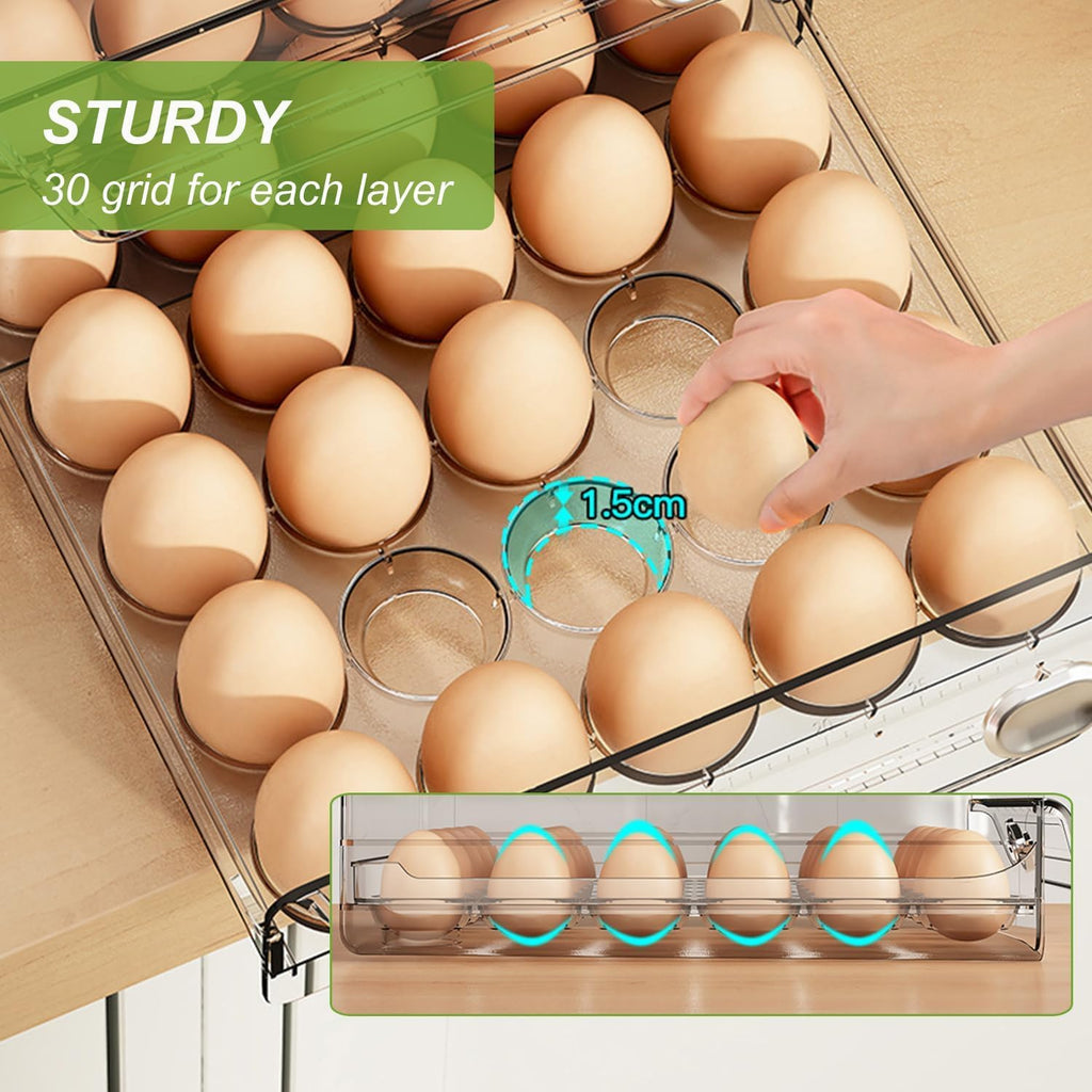 60 Eggs Double Layer Drawer Organizer For Fridge, Large Capacity Stackable Egg Holder PET And PP Material Multi-Function Storage For Countertop