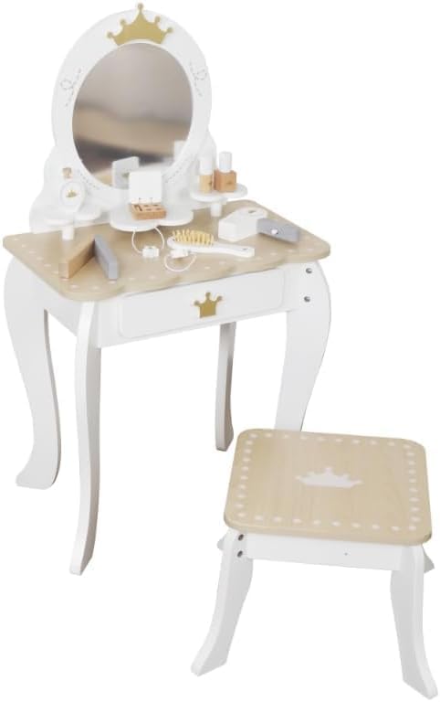 HYGRAD BUILT TO SURVIVE Kids Vanity Set with Mirror and Stool, Kids Makeup Vanity Desk with Storage Space, Bow Pattern for Little Girls, Toddler Princess Makeup Dressing Table with Chair Set