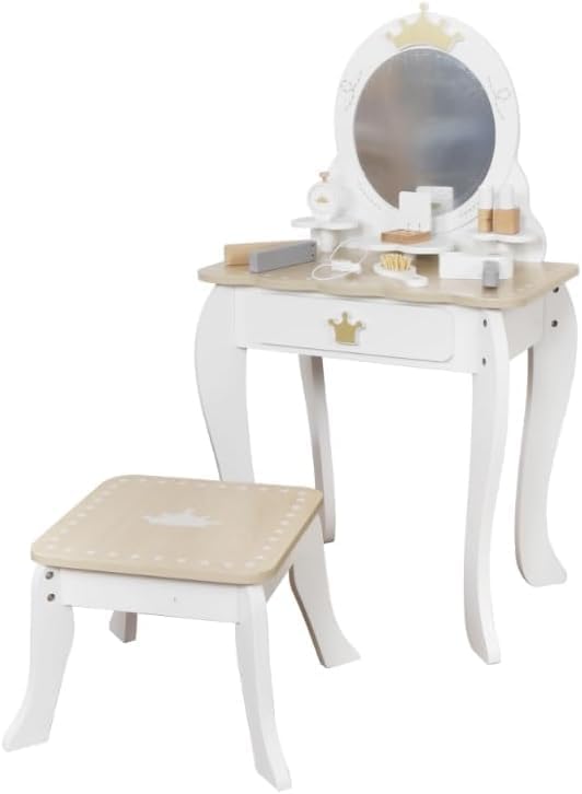 HYGRAD BUILT TO SURVIVE Kids Vanity Set with Mirror and Stool, Kids Makeup Vanity Desk with Storage Space, Bow Pattern for Little Girls, Toddler Princess Makeup Dressing Table with Chair Set