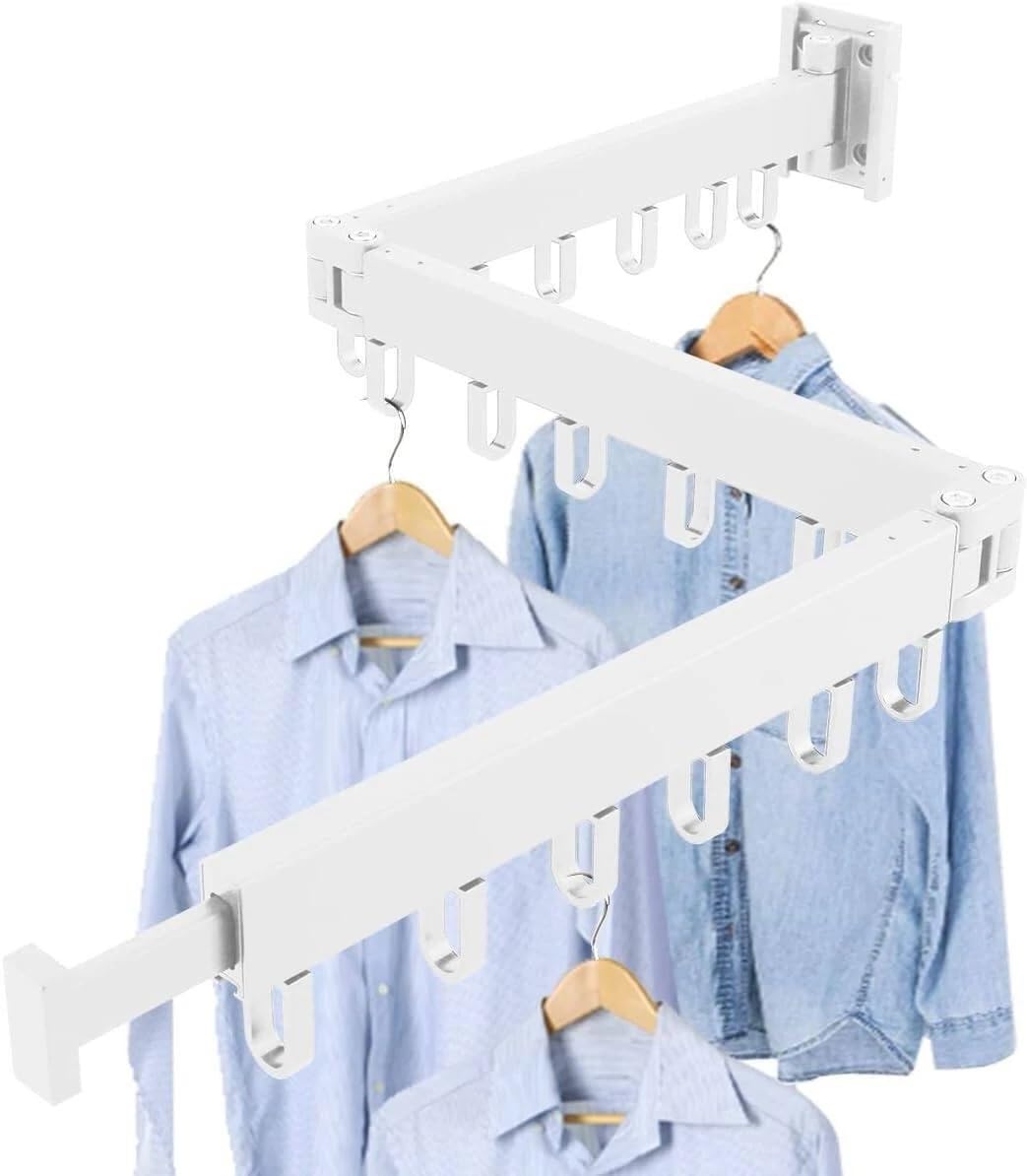 HYGRAD BUILT TO SURVIVE Space Saving Wall Mounted Clothes Drying Rack, Foldable Laundry Drying Organizer Rack Collapsible, Retractable Outdoor Indoor Hanging Clothes with 18 Hooks - Metal