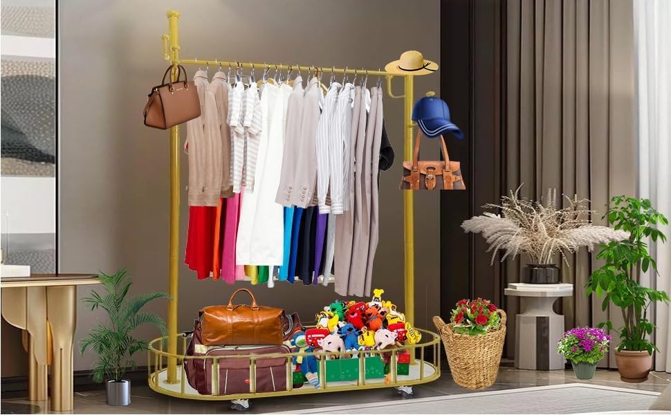 HYGRAD BUILT TO SURVIVE Space Saving Gold Metal Closet Organizer Shelves With Wheels - 67.32”H X 12.80”D X 31.50”W Clothing Rack For Coat, Clothes Hangers With Storage Shelf