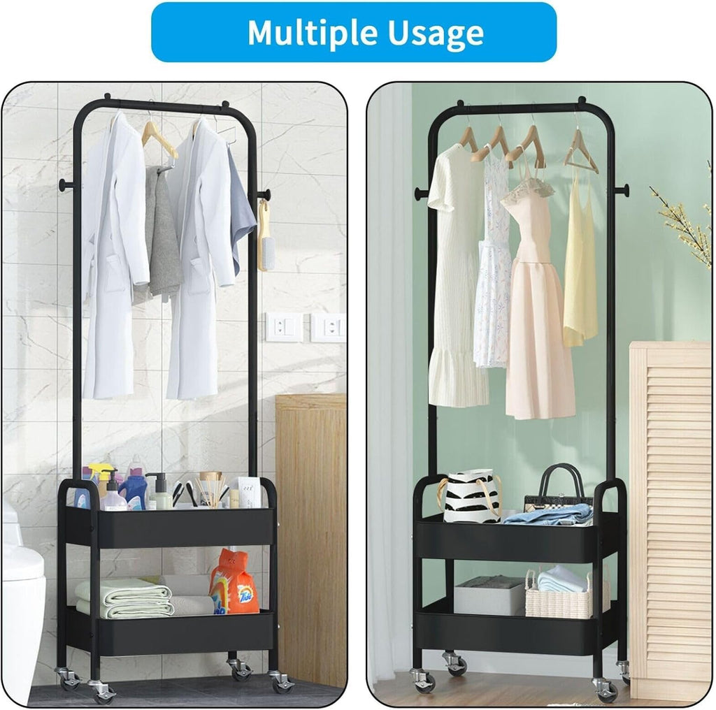 HYGRAD BUILT TO SURVIVE Heavy Duty Metal Clothes Rack On Wheels, Portable Rack For Hanging Clothes With Shoe Storage, Freestanding Closet Organizer Shelves For Garment Hanging Hat, Coats