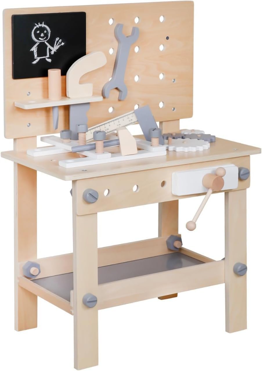 Wooden Toy Workbench, Large Kid's Wooden Play Tool, Pretend Play Creative Building Set, Construction Workshop Tool Bench Toys, Gift for Girls & Boys, 3+