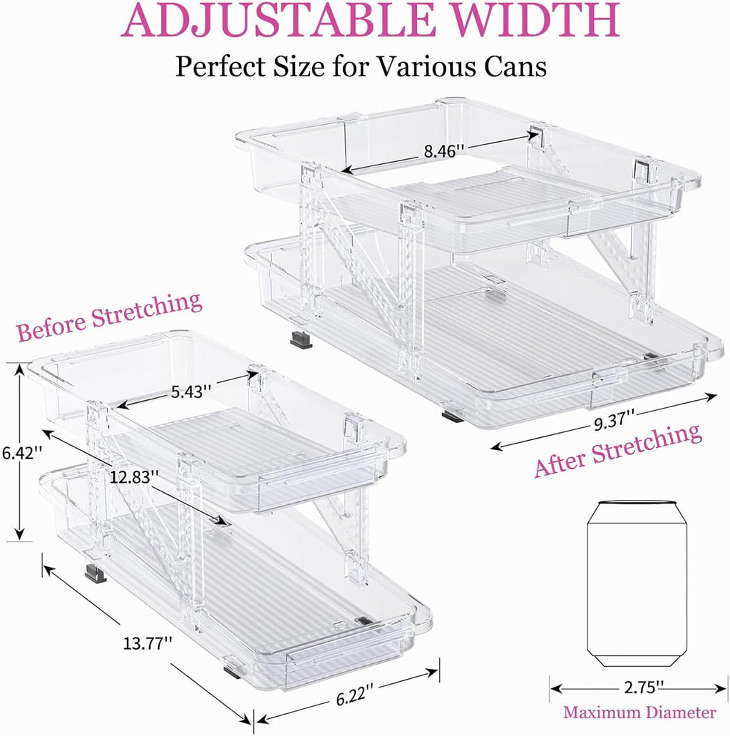 HYGRAD BUILT TO SURVIVE Clear Expandable Soda Can Organizer For Pantry, 13.77” D x 9. 37” W x 6.41” H Stackable Beverage Pop Can Holder Dispenser For Refrigerator, Kitchen Storage Holds 10 Cans