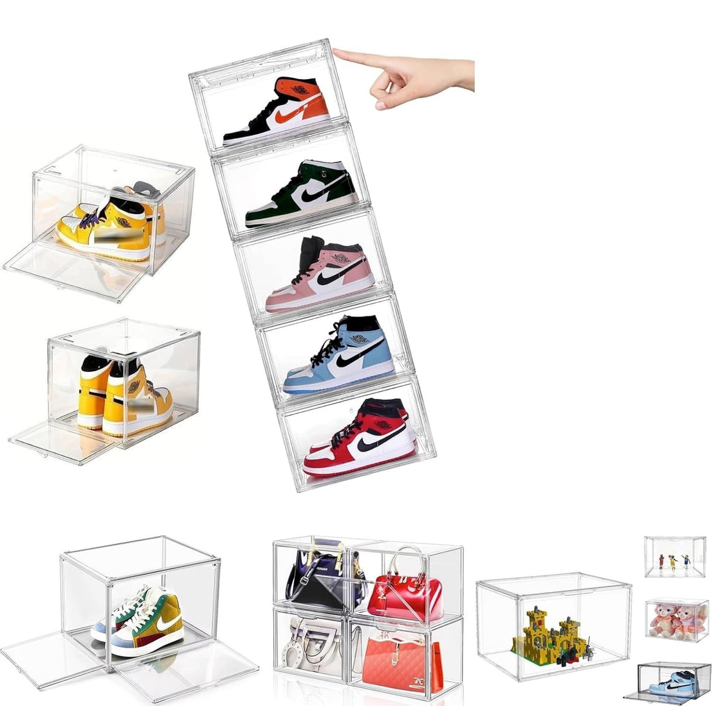 Acrylic Shoe Storage Boxes – Clear Plastic Stackable Shoe Organizer For Closet, Space Saving Shoe bins With Magnetic Doors 2 Lids Open For Sneakers, Trainers, Pumps, Heels, Flats