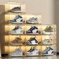 Acrylic Shoe Storage Boxes – Clear Plastic Stackable Shoe Organizer For Closet, Space Saving Shoe bins With Magnetic Doors 2 Lids Open For Sneakers, Trainers, Pumps, Heels, Flats