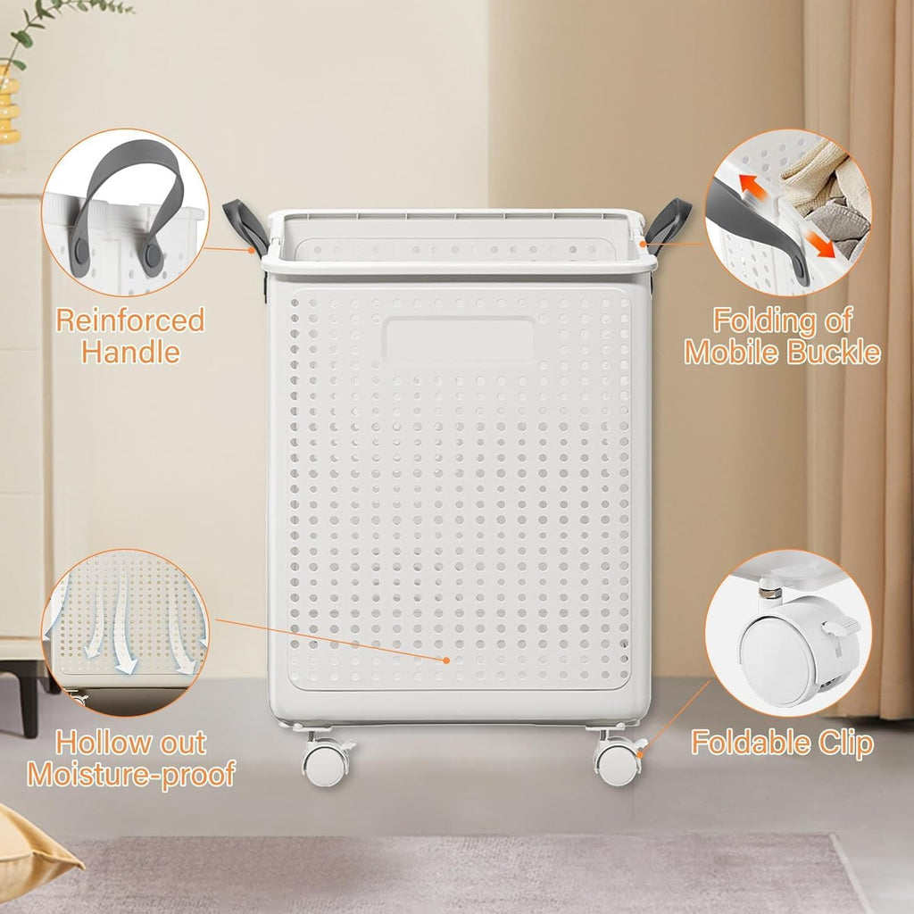 42L Large Heavy Duty Laundry Hamper On Wheels and Handle, Foldable Collapsible Laundry Basket, Space Saving Laundry Room Organization For Home Storage, Clothes