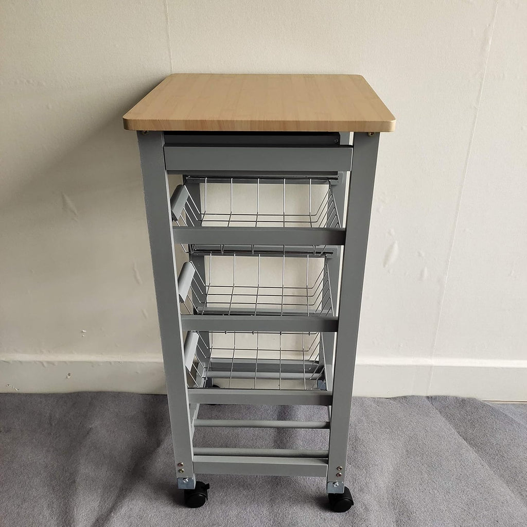 HYGRAD BUILT TO SURVIVE 3 Tier Wooden Rolling Kitchen Island Trolley, Utility Storage Cart with 3 Basket, Drawers - 1 Wine Rack with Wheels Cabinet for Home, Dining Room, Bar