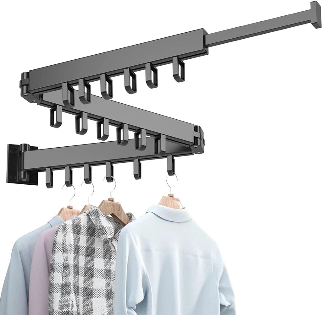 HYGRAD BUILT TO SURVIVE Space Saving Wall Mounted Clothes Drying Rack, Foldable Laundry Drying Organizer Rack Collapsible, Retractable Outdoor Indoor Hanging Clothes with 18 Hooks - Metal