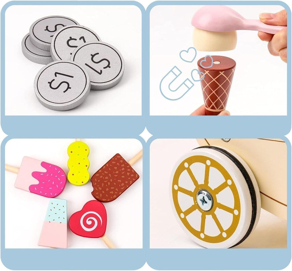 Wooden Ice Cream Cart Toys for Kids, Toddlers Pretend Play Food Truck, Gift for Girls and Boys 3 Years & Up