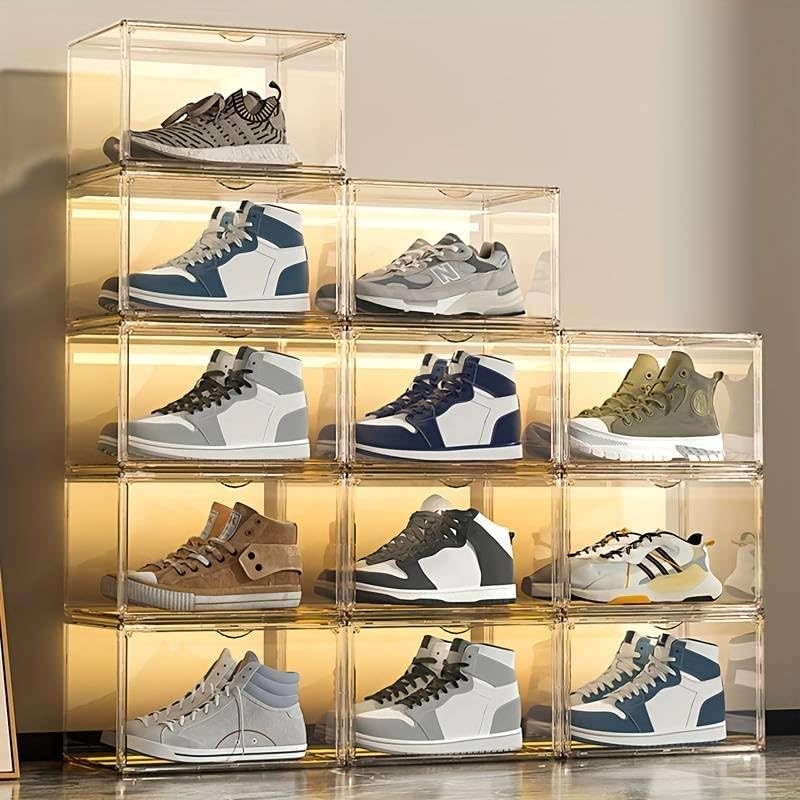 Acrylic Shoe Storage Boxes – Clear Plastic Stackable Shoe Organizer For Closet, Space Saving Shoe bins With Magnetic Doors 2 Lids Open For Sneakers, Trainers, Pumps, Heels, Flats