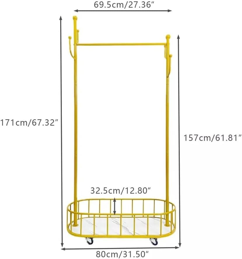 HYGRAD BUILT TO SURVIVE Space Saving Gold Metal Closet Organizer Shelves With Wheels - 67.32”H X 12.80”D X 31.50”W Clothing Rack For Coat, Clothes Hangers With Storage Shelf