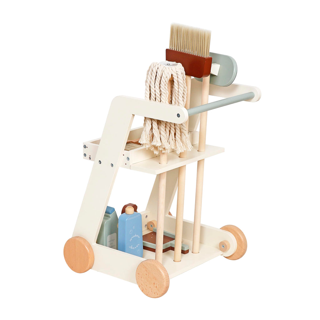 Children's Cleaning Cart Trolley - Kids Wooden Pretend Play Set Toy Cart Kids Role Play Janitor Cleaning Broom Set Household Pretend Play Childrens Toy Gift Ages 3+