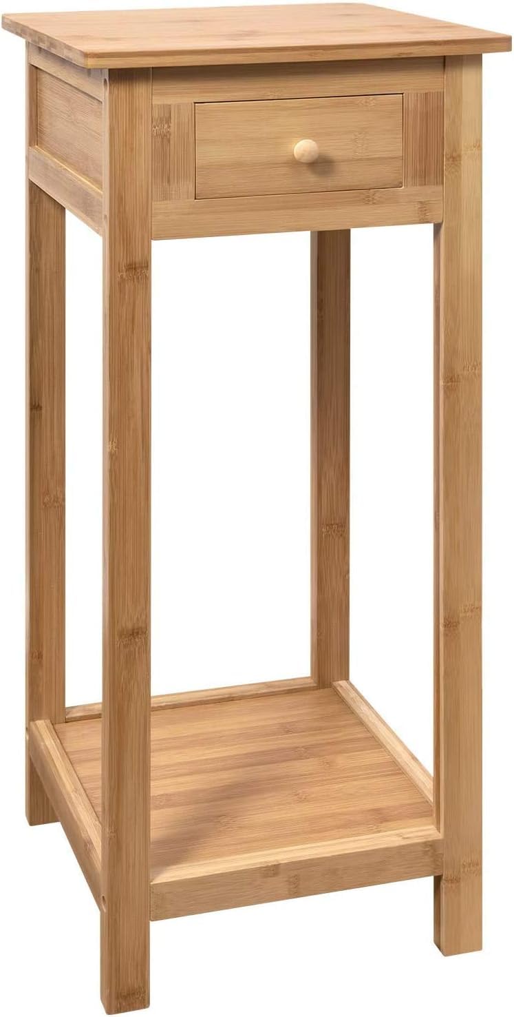 HYGRAD BUILT TO SURVIVE Bamboo Tall Nightstand Table with Drawer and Lower Shelf – Slim Storage Shelf Bedside Table for Telephone, Hallway, Living Room, Bedroom Or Narrow Spaces