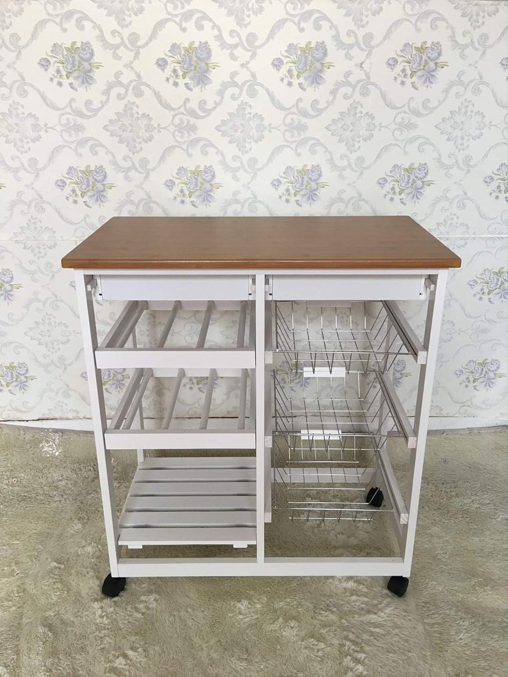 HYGRAD BUILT TO SURVIVE Kitchen Island Dining Cart with Lockable Wheels and Drawers, Mobile Storage Basket Open Shelf Countertop, Serving Utility Trolley for Dining Room, Coffee Bar