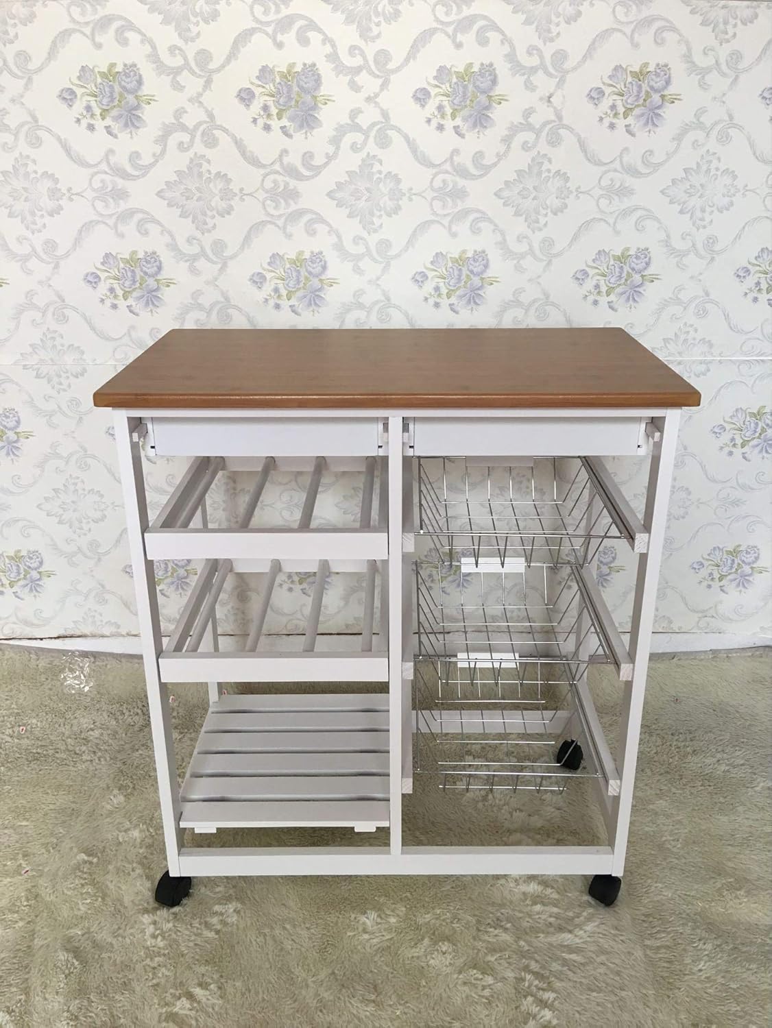HYGRAD BUILT TO SURVIVE Kitchen Island Dining Cart with Lockable Wheels and Drawers, Mobile Storage Basket Open Shelf Countertop, Serving Utility Trolley for Dining Room, Coffee Bar