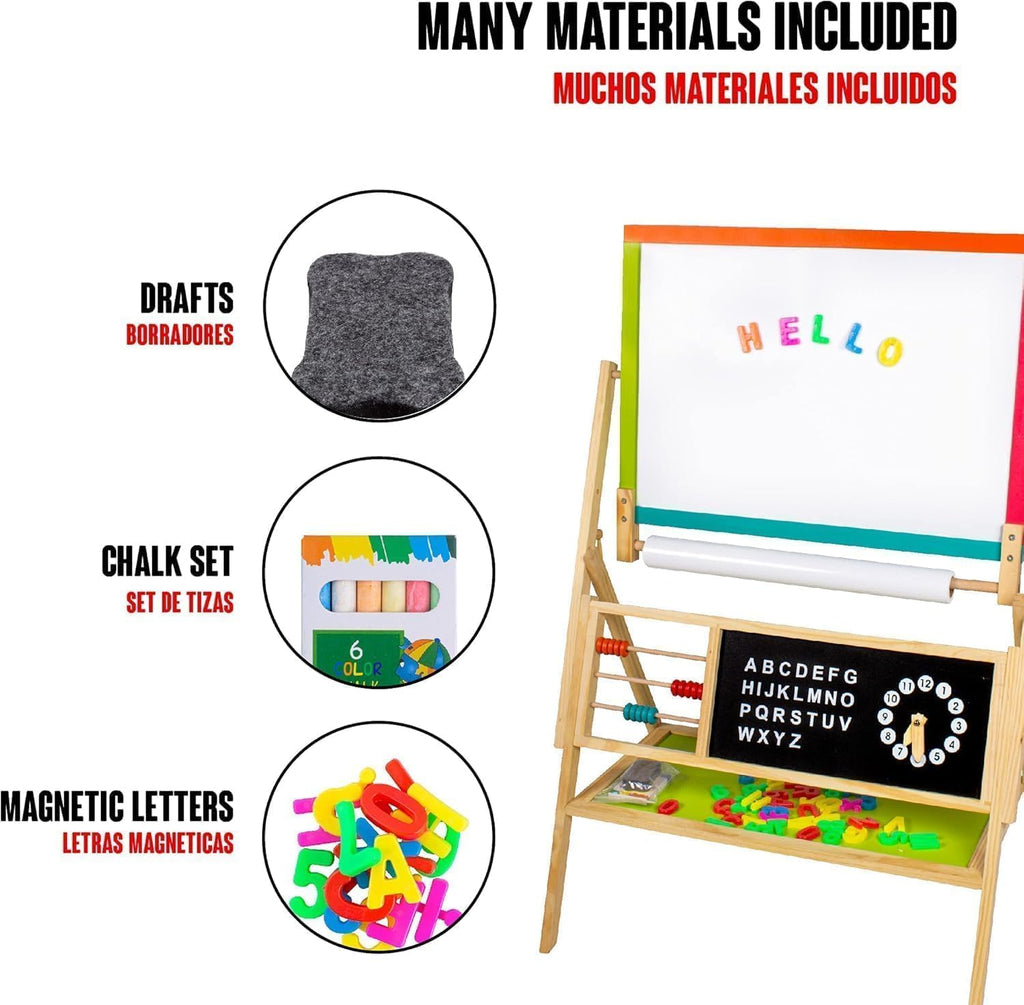 Kids Art Easel with Paper Roll, Magnetic Wooden Board Easel for Toddlers, Foldable Clock, Alphabet Painting Easel for 2-12 Years Children, 2 in 1 Double Side Drawing Outdoor Easel