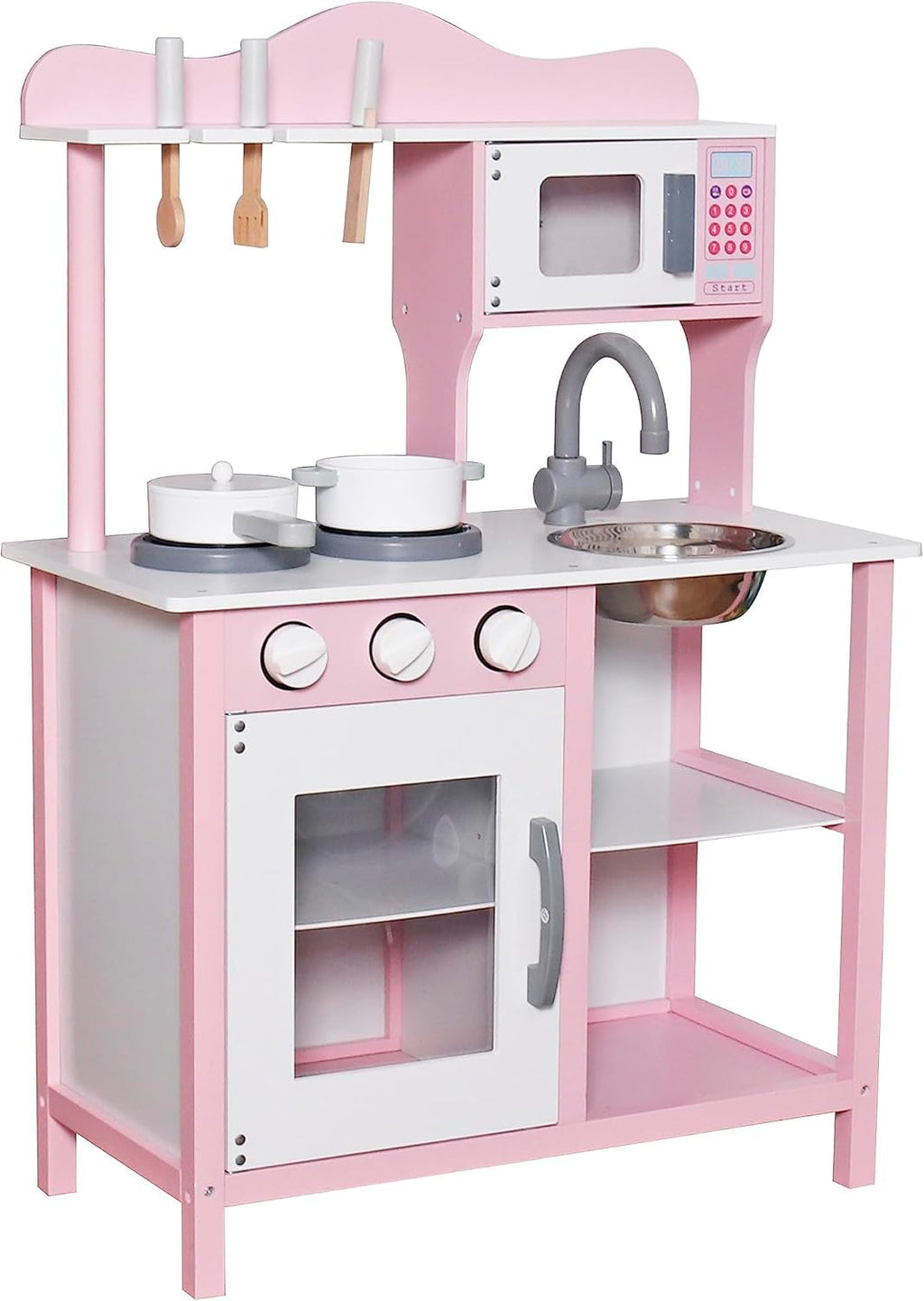 Play Kitchen Toy Kids Playset, Wooden Kitchen Playset Chef Pretend Play Set for Toddlers, Toy Kitchen Toy Food & Astove Oven, Microwave Cookware Accessories, Gift for Ages 3+
