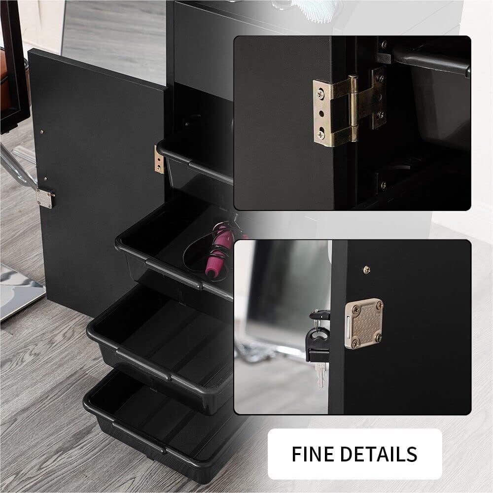 Wooden Salon Trolley Cart 4 Drawer with Lockable Wheels 17”L X 12.3”W X 31.5” H Space Saving Rolling Storage for Hair Dryer Holder, Barber Accessories - Black