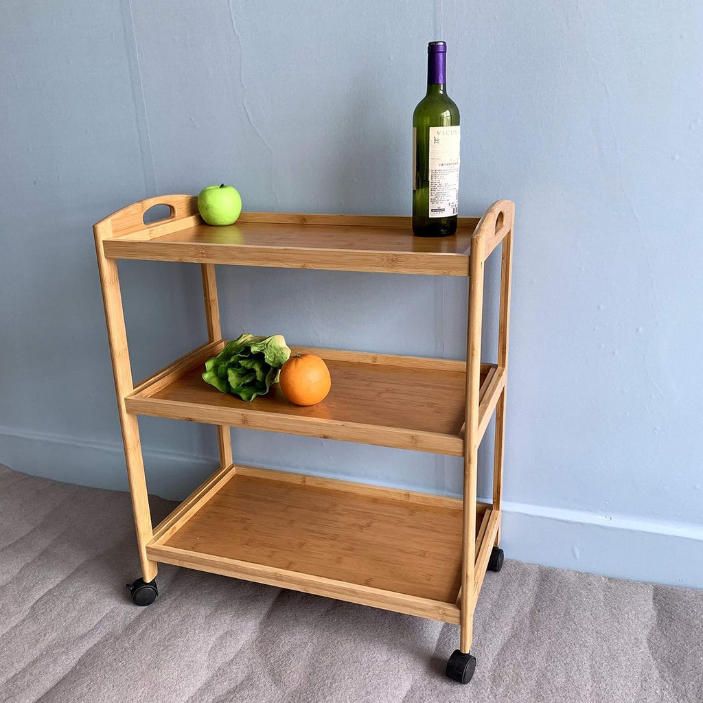 HYGRAD BUILT TO SURVIVE 3 Tier Bamboo Kitchen Storage Rolling Shelf with Wheels, Serving Kitchen Island Bar, Organizer Cart for Home, Dining Room, Laundry Room with Lockable Castors