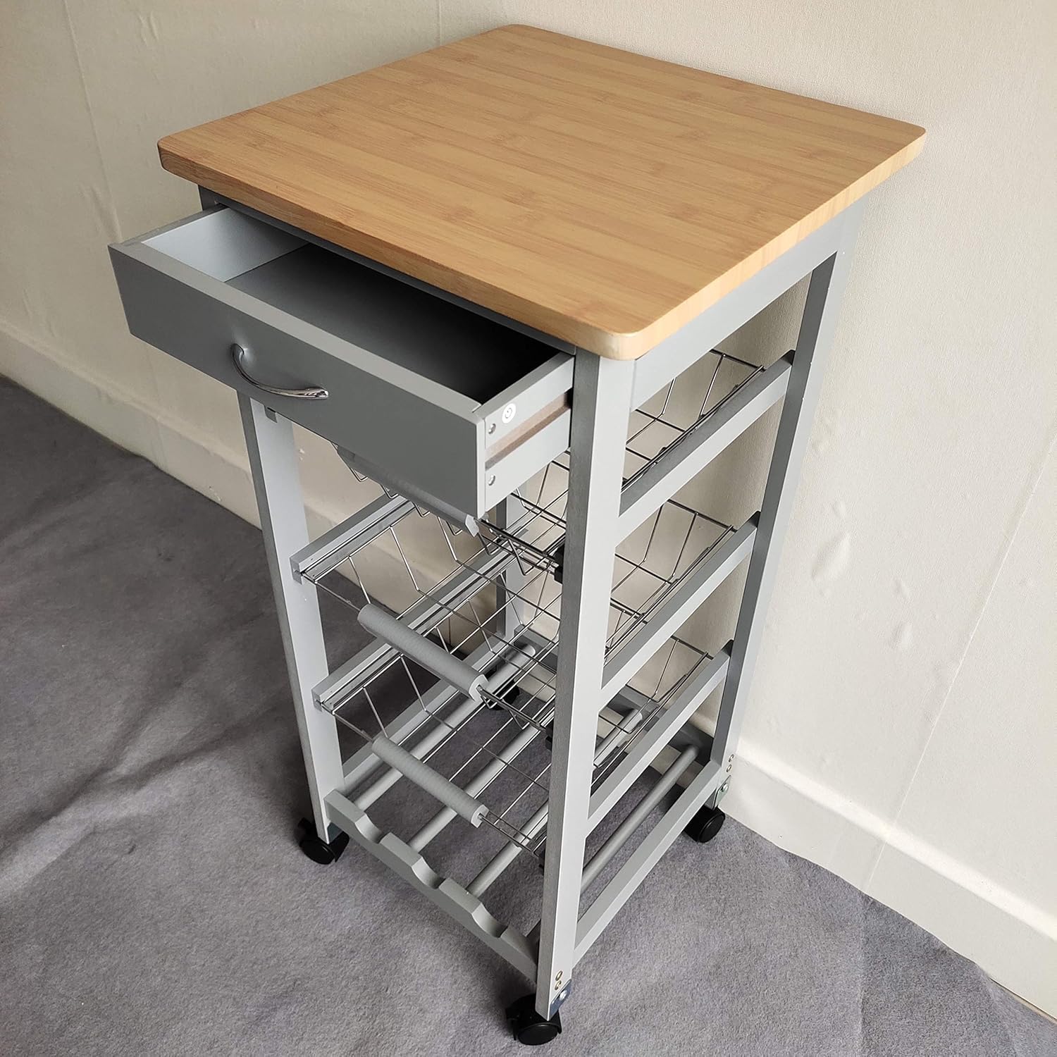 HYGRAD BUILT TO SURVIVE 3 Tier Wooden Rolling Kitchen Island Trolley, Utility Storage Cart with 3 Basket, Drawers - 1 Wine Rack with Wheels Cabinet for Home, Dining Room, Bar
