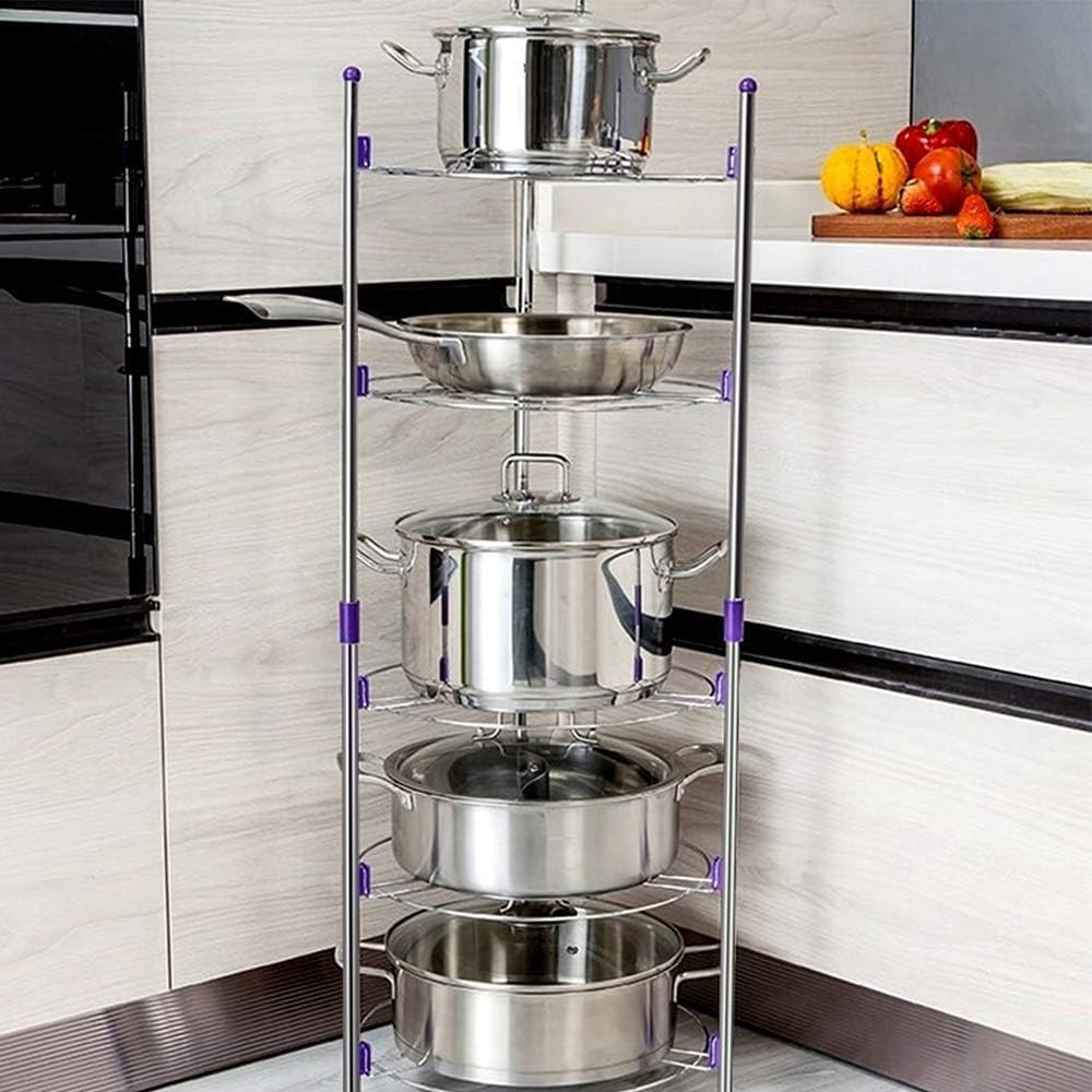 HYGRAD BUILT TO SURVIVE 5 Tier Round Pan Pot Kitchen Rack - Carbon Steel Cookware Stand Organizer Shelving Unit Free Standing Storage For Pans Lids