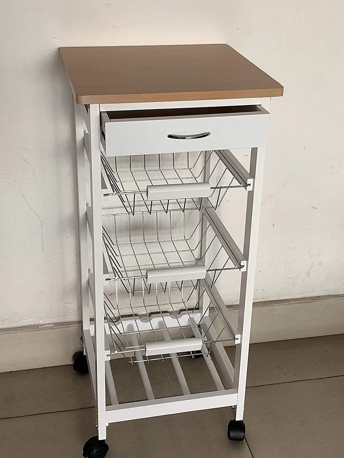 HYGRAD BUILT TO SURVIVE 3 Tier Wooden Rolling Kitchen Island Trolley, Utility Storage Cart with 3 Basket, Drawers - 1 Wine Rack with Wheels Cabinet for Home, Dining Room, Bar