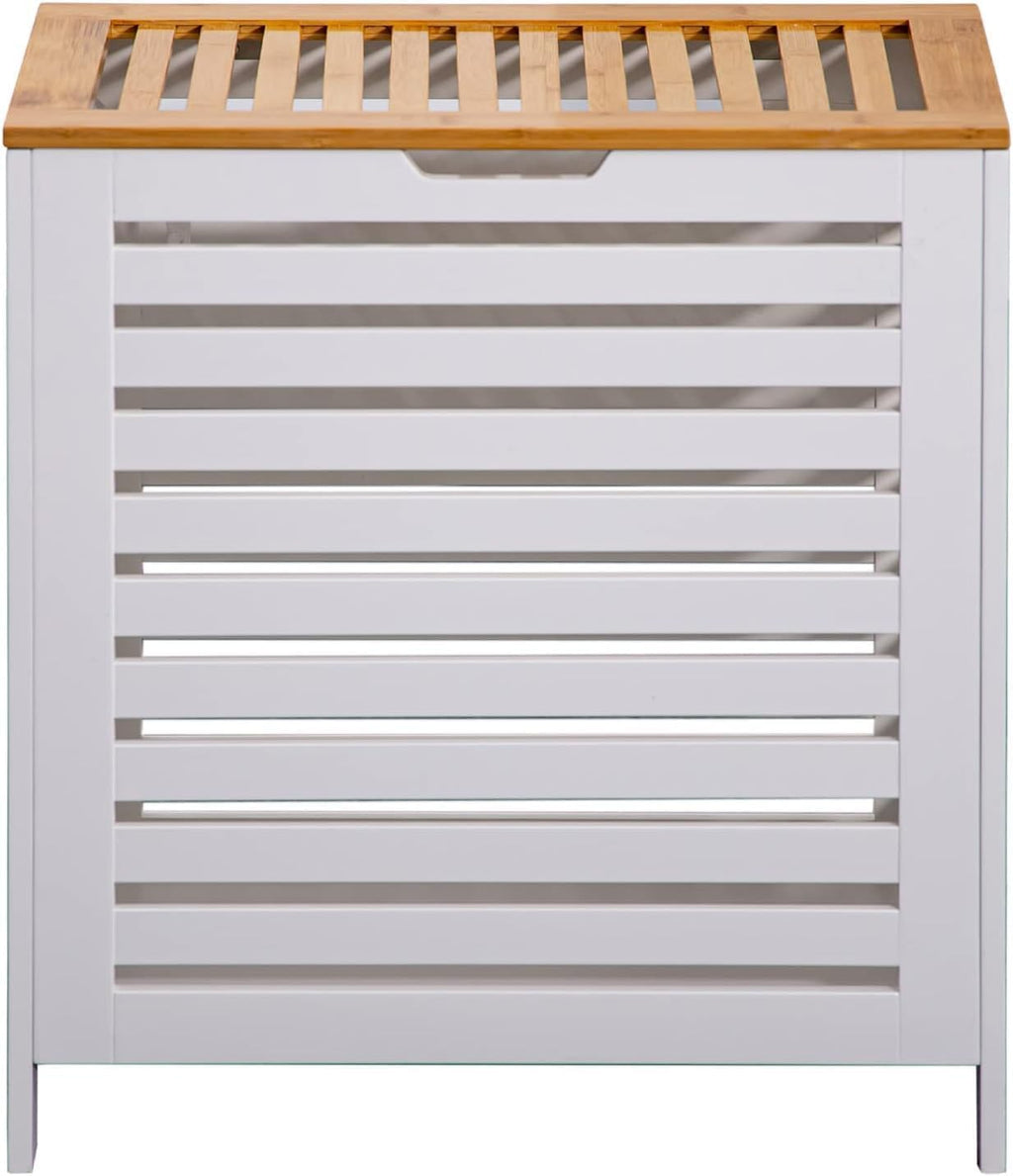 Large Wooden Laundry Clothes Storage Bins, Bamboo Hamper Laundry Sorter Basket Home Organizer With Lid For Bathroom, Bedroom - White
