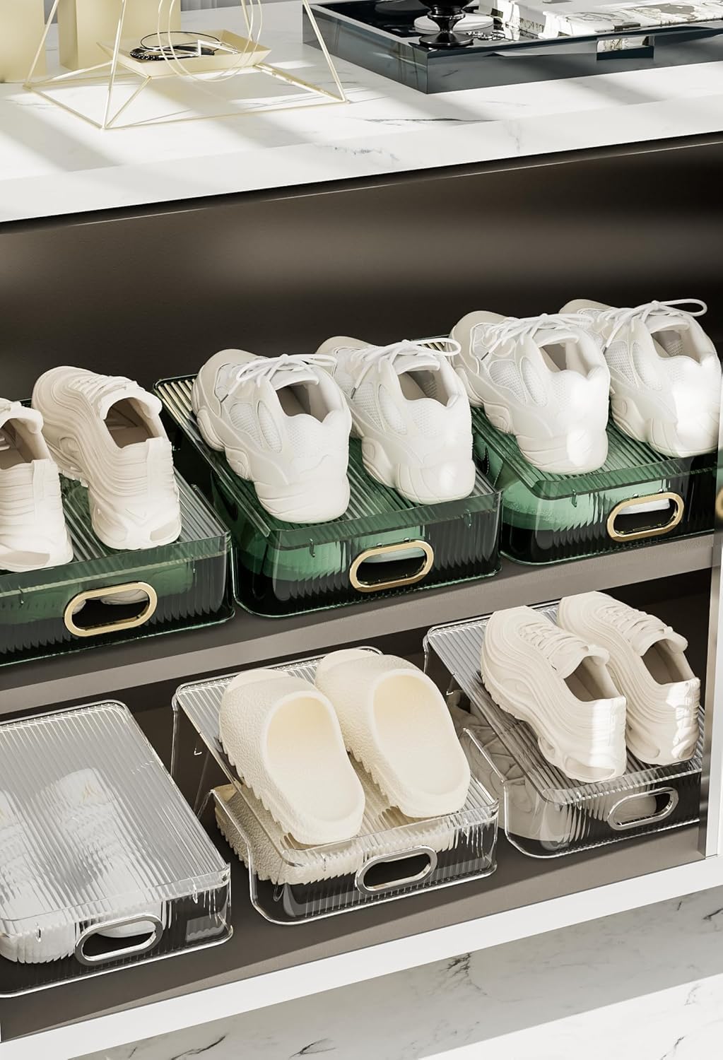 HYGRAD BUILT TO SURVIVE Double Layer Shoe Slots Organizer 9.84” X 9.05” X 5”In Stacker Space-Saving Storage Holder - Transparent Plastic Shoe Rack For Closet Shelf