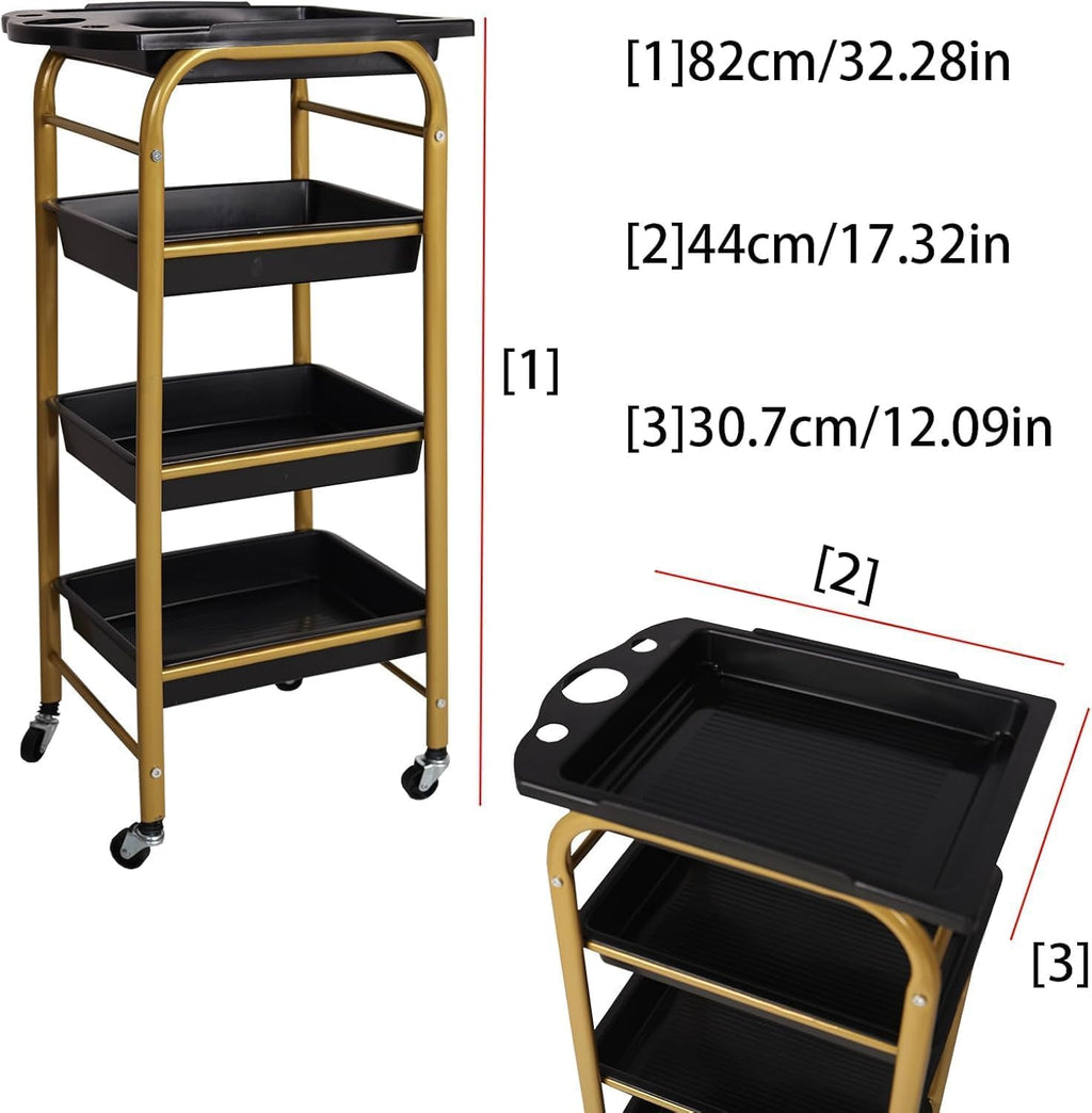 4 Tier Rolling Barber Utility Salon Cart with Wheels 17.32”L X 12.09”W X 32.28”H Stylist Station with Hair Dryer Holders, Hair Tool Organizer Salon Storage Trolley - Gold