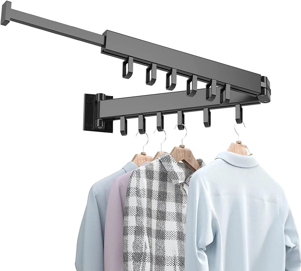 HYGRAD BUILT TO SURVIVE Space Saving Wall Mounted Clothes Drying Rack, Foldable Laundry Drying Organizer Rack Collapsible, Retractable Outdoor Indoor Hanging Clothes with 18 Hooks - Metal
