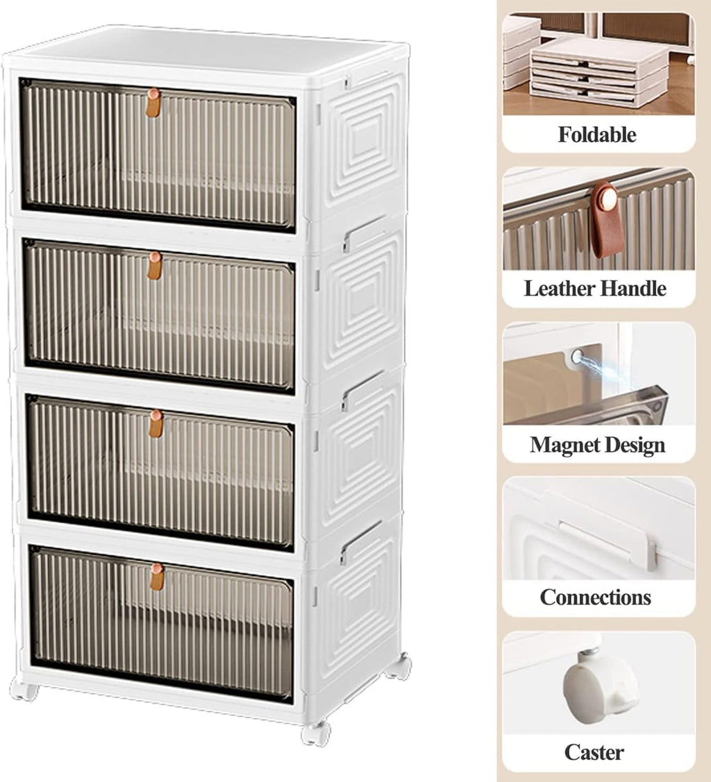 HYGRAD BUILT TO SURVIVE Foldable White Plastic Shoe Rack 2/3/4/5/6 Tier Stackable Storage Cabinet Box - Rolling Closet Storage Organizer Containers With Lids & Lockable Wheels For Home