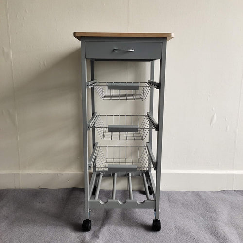3-Tier Rolling Kitchen Island Cart – Utility Storage Trolley with Baskets, Drawer & Wine Rack | HYGRAD Built to Survive