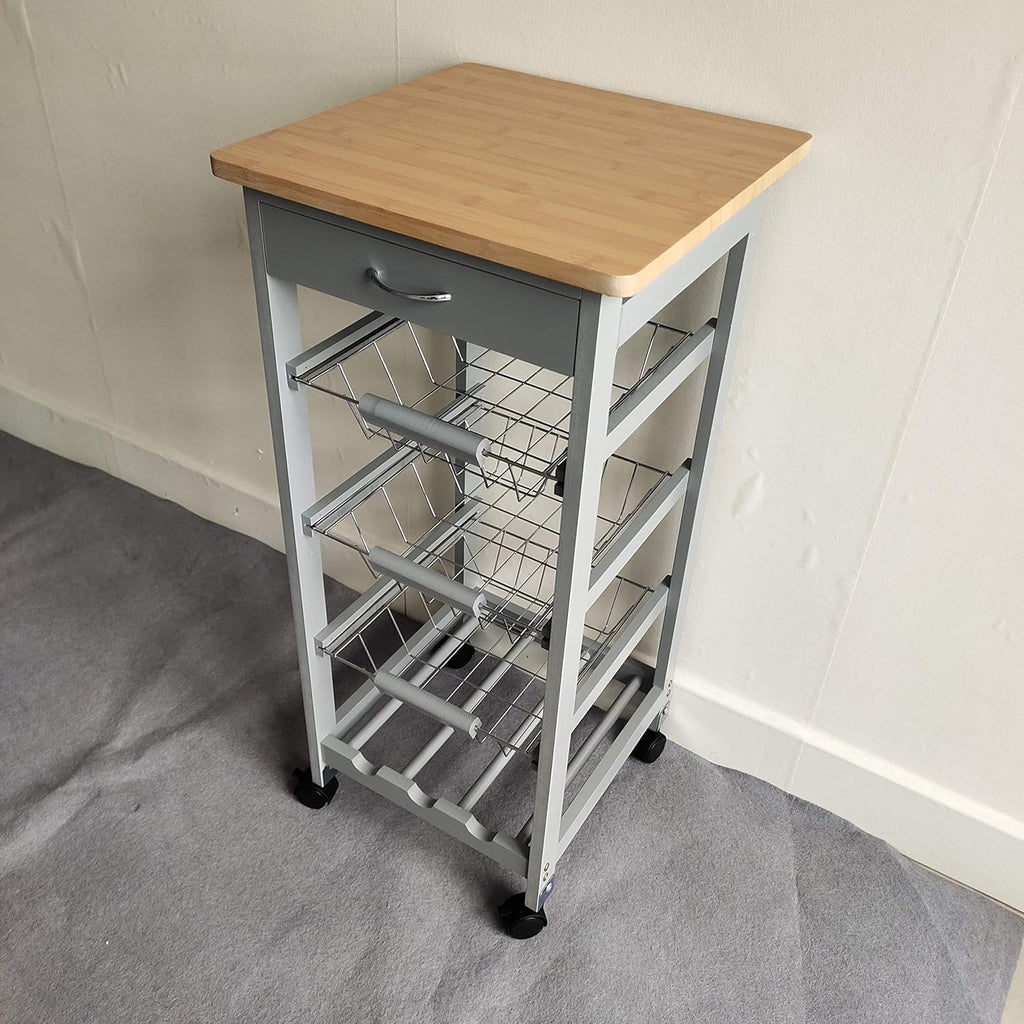HYGRAD BUILT TO SURVIVE 3 Tier Wooden Rolling Kitchen Island Trolley, Utility Storage Cart with 3 Basket, Drawers - 1 Wine Rack with Wheels Cabinet for Home, Dining Room, Bar