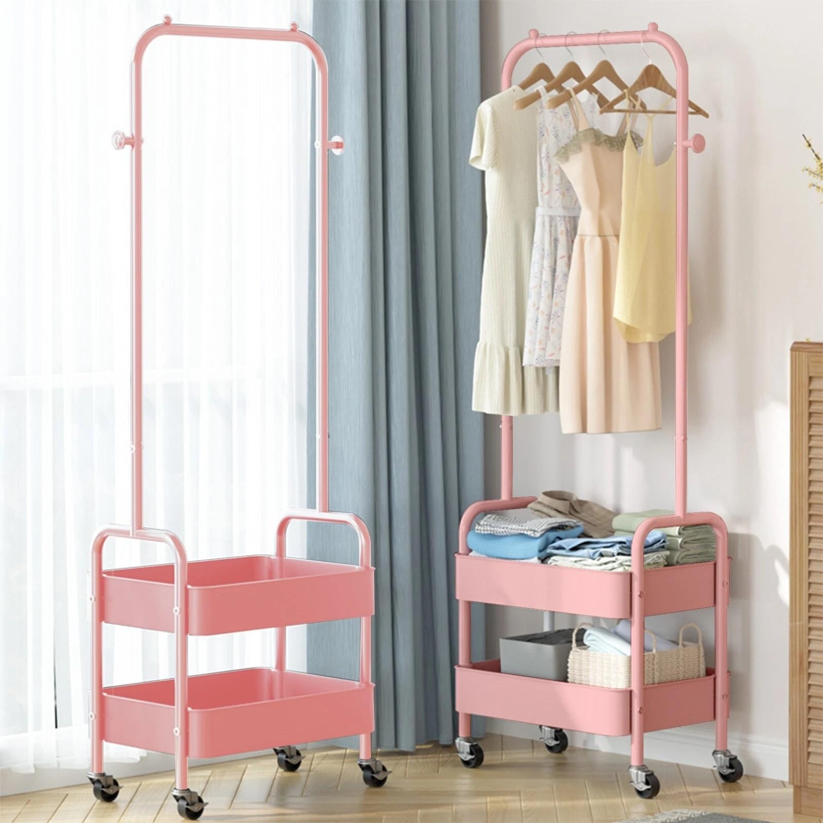 HYGRAD BUILT TO SURVIVE Heavy Duty Metal Clothes Rack On Wheels, Portable Rack For Hanging Clothes With Shoe Storage, Freestanding Closet Organizer Shelves For Garment Hanging Hat, Coats